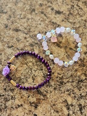 Purple And Pink Ornamental Beaded ROSE and ELEPHANT charmed Stretch Bracelet Duo
